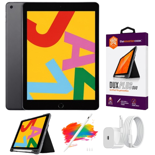 Refurbished Excellent iPad 7th Gen 32GB Wi-Fi + Cellular (Unlocked) 10.2" Space Gray Bundle – Includes STM Smart Case, Stylus Pen & Charger